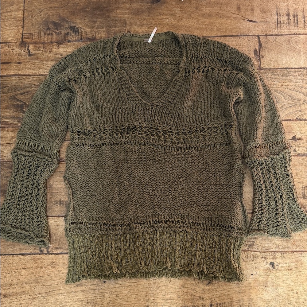 Free People Olive Green Knit Crochet Sweater